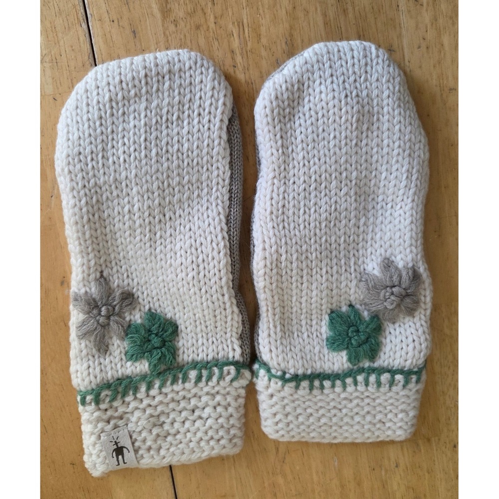 SmartWool 100% Merino Wool Mittens Knit Embroidered Clover Flower Womens Rare OS